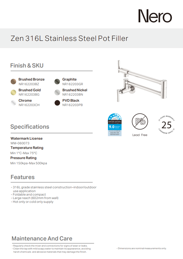Nero Zen 316L Stainless Steel Pot Filler CH (NR162203CH) Chrome