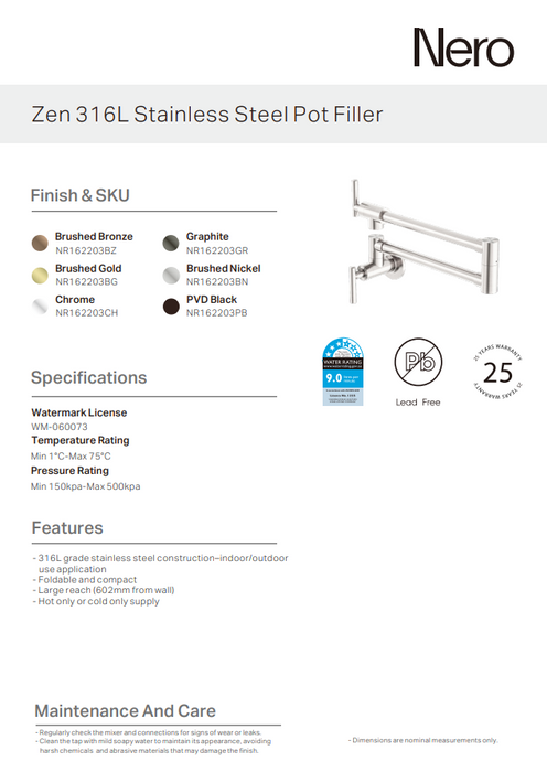 Nero Zen 316L Stainless Steel Pot Filler PB (NR162203PB) Black