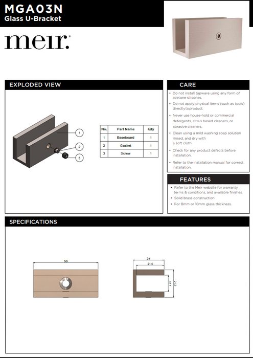 Technical drawing and specifications of a glass U-Bracket with 'meir' branding.