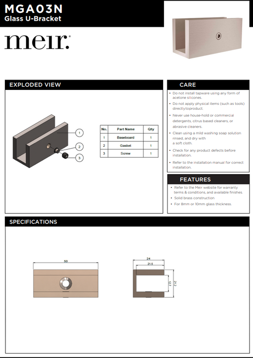 Technical drawing and specifications of a glass U-Bracket with 'meir' branding.