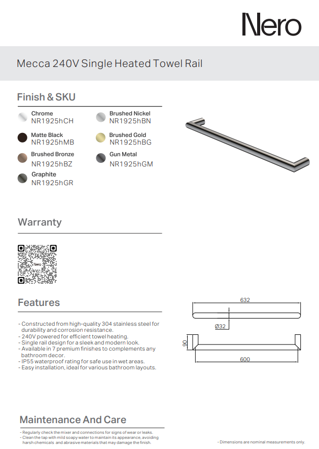Nero Mecca 240V Single Heated Towel Rail Chrome (NR1925hCH)