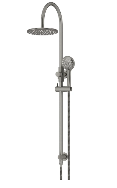 Meir Round Gooseneck Shower Set with 200mm rose, Three-Function Hand Shower Gun Metal