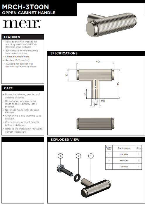 Meir Öppen T-Pull Cabinet Handle (Linear Knurled) Champagne
