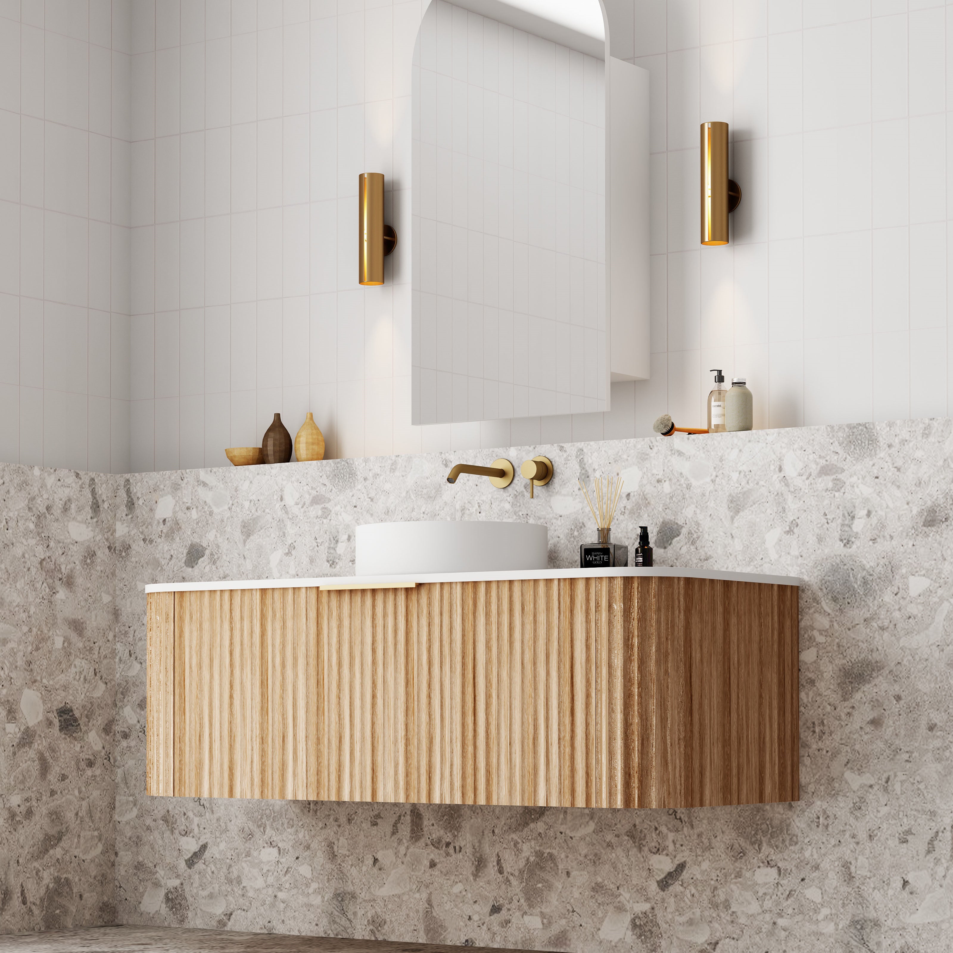 V-Groove Natural Oak Curved Wall Hung Vanity