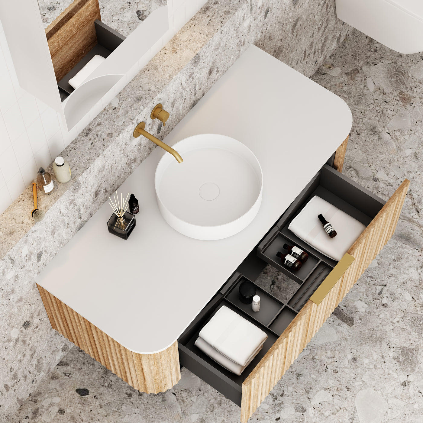 V-Groove Natural Oak Curved Wall Hung Vanity — Designer Bathware