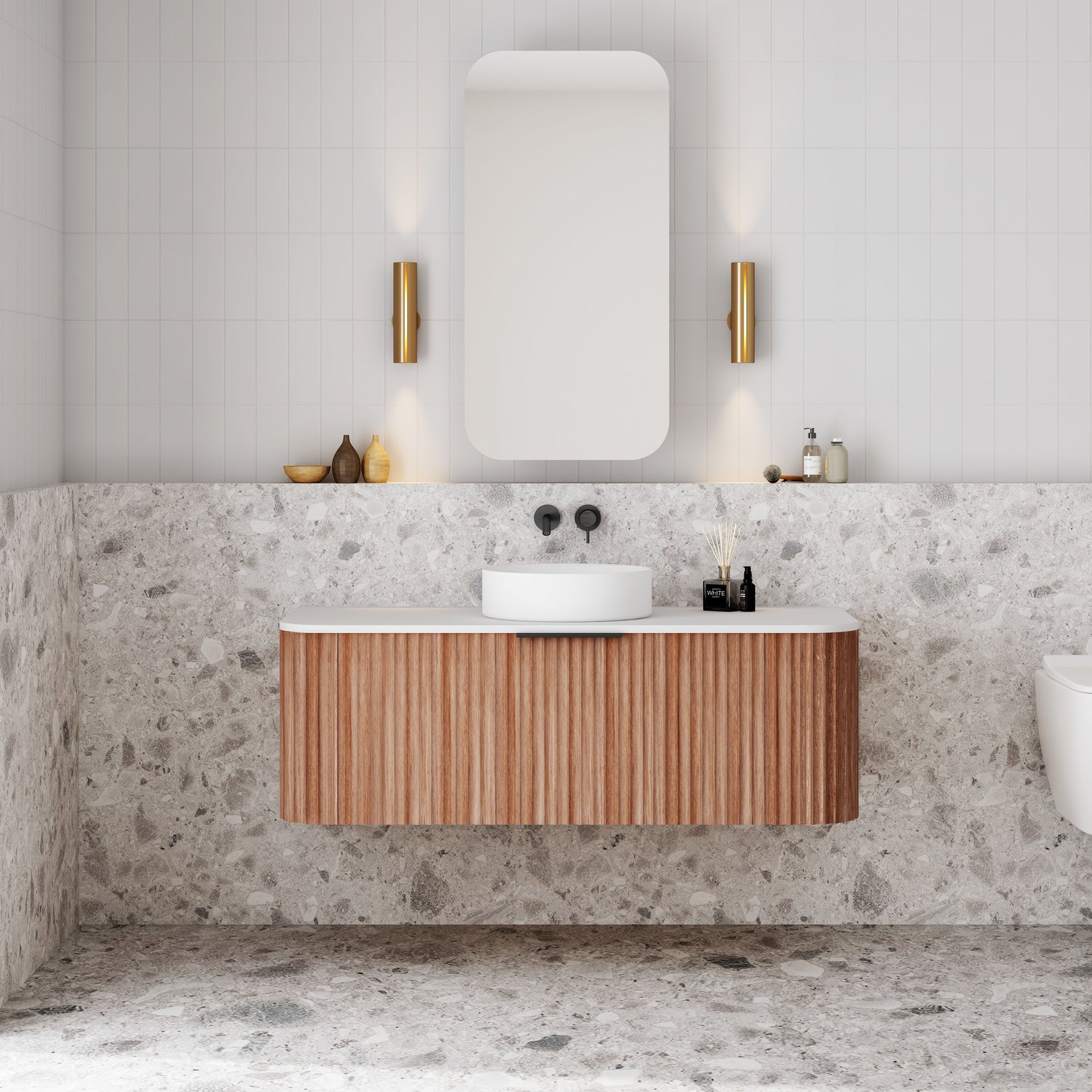 V-Groove Walnut Oak Curved Wall Hung Vanity – Designer Bathware
