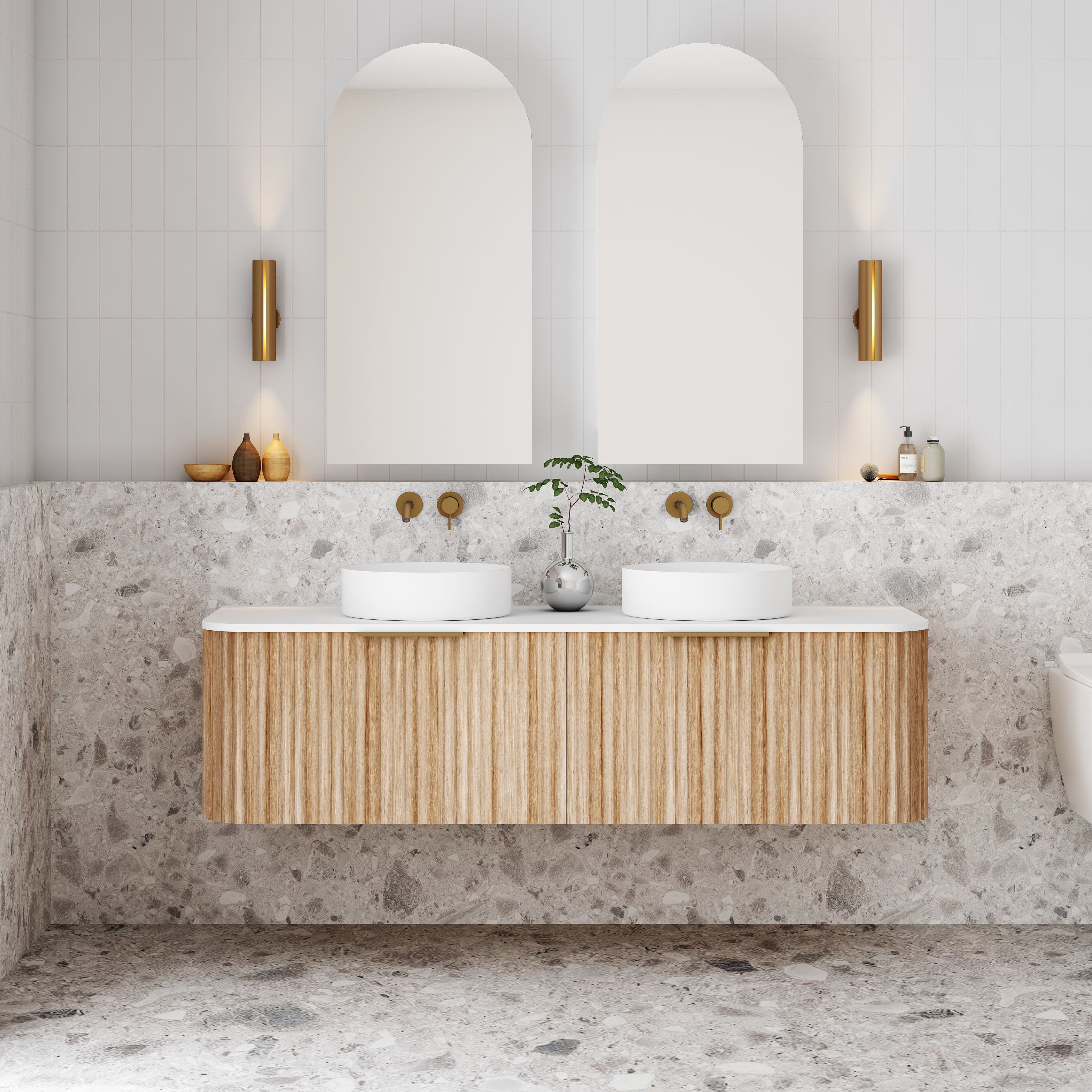 V-Groove Natural Oak Curved Wall Hung Vanity