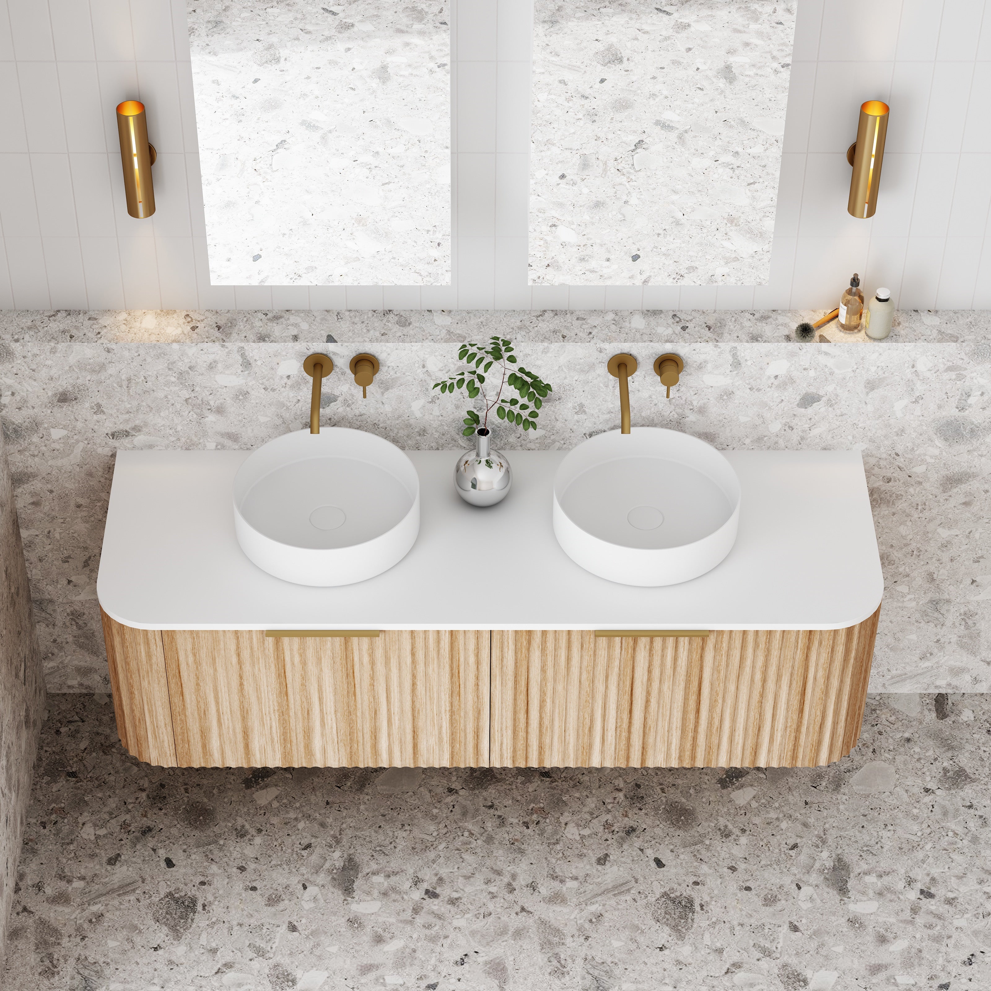 V-Groove Natural Oak Curved Wall Hung Vanity