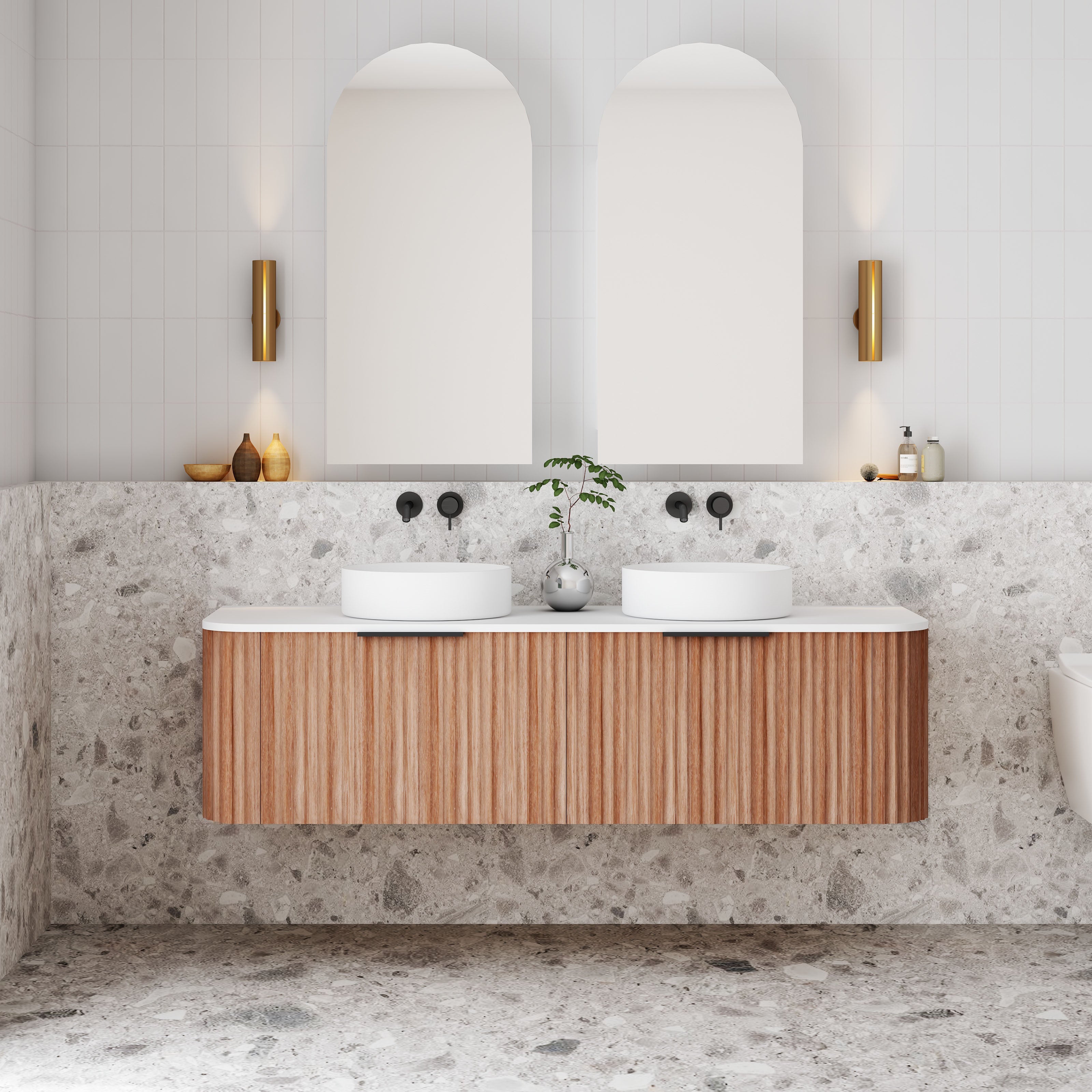 V-Groove Walnut Oak Curved Wall Hung Vanity