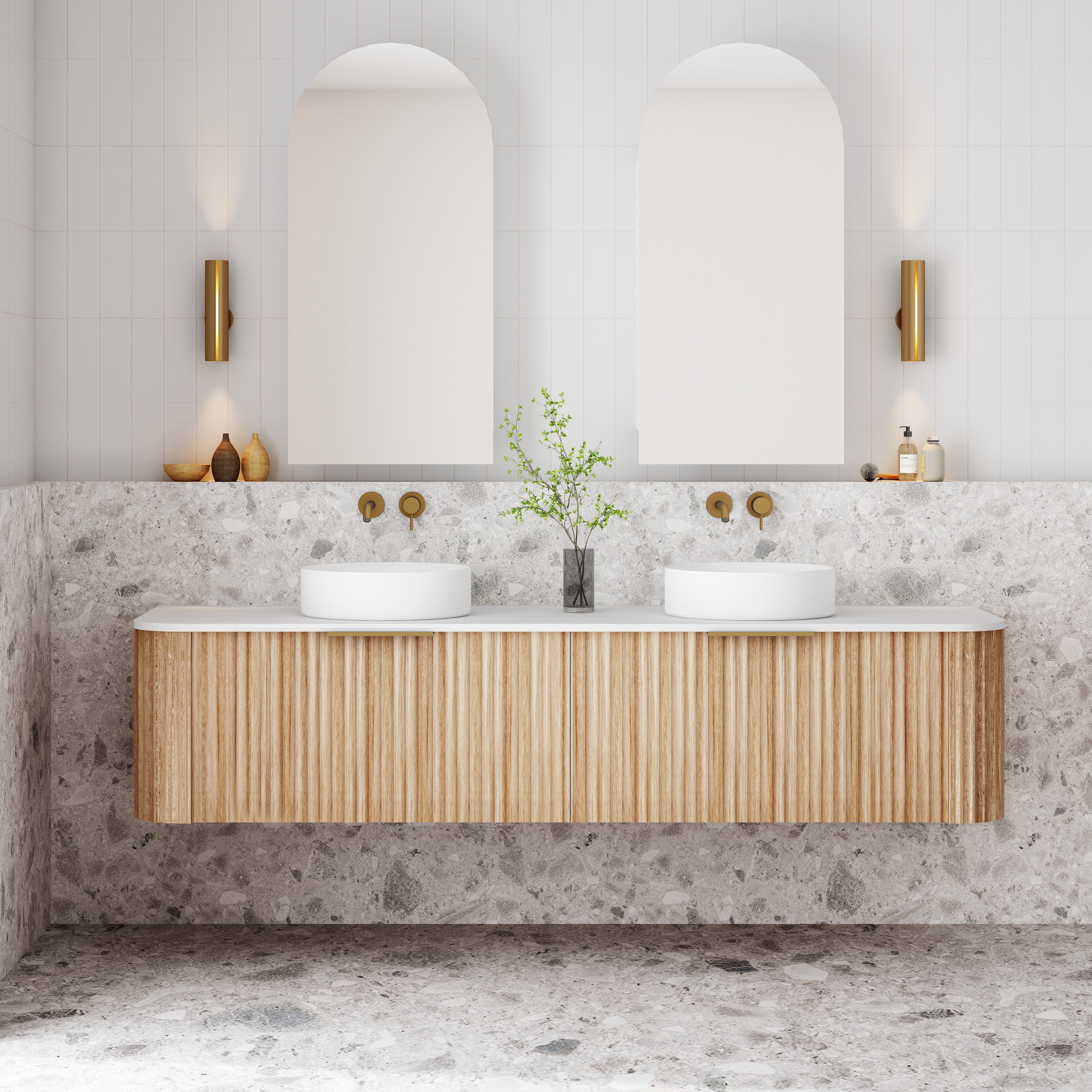 V-Groove Natural Oak Curved Wall Hung Vanity