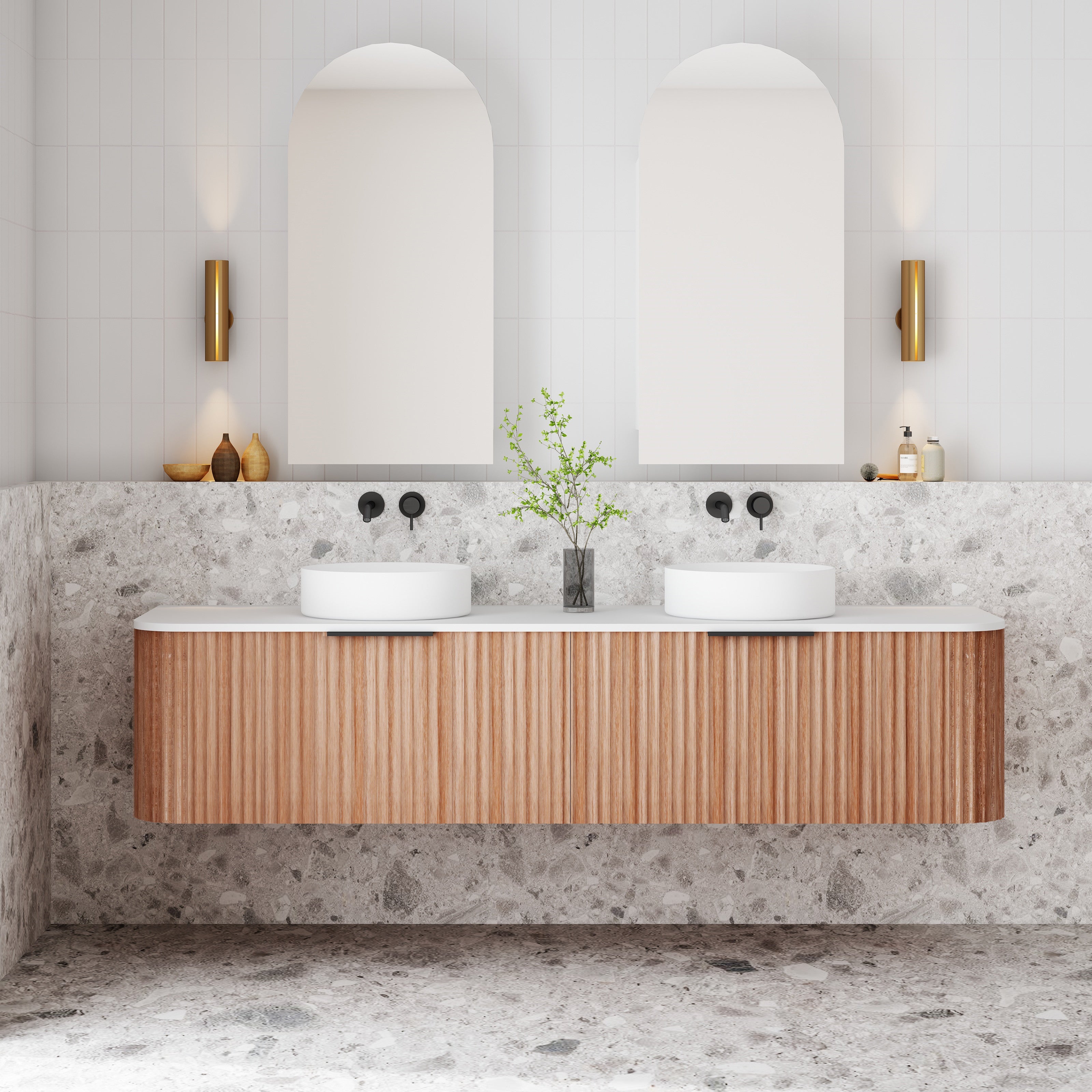 V-Groove Walnut Oak Curved Wall Hung Vanity