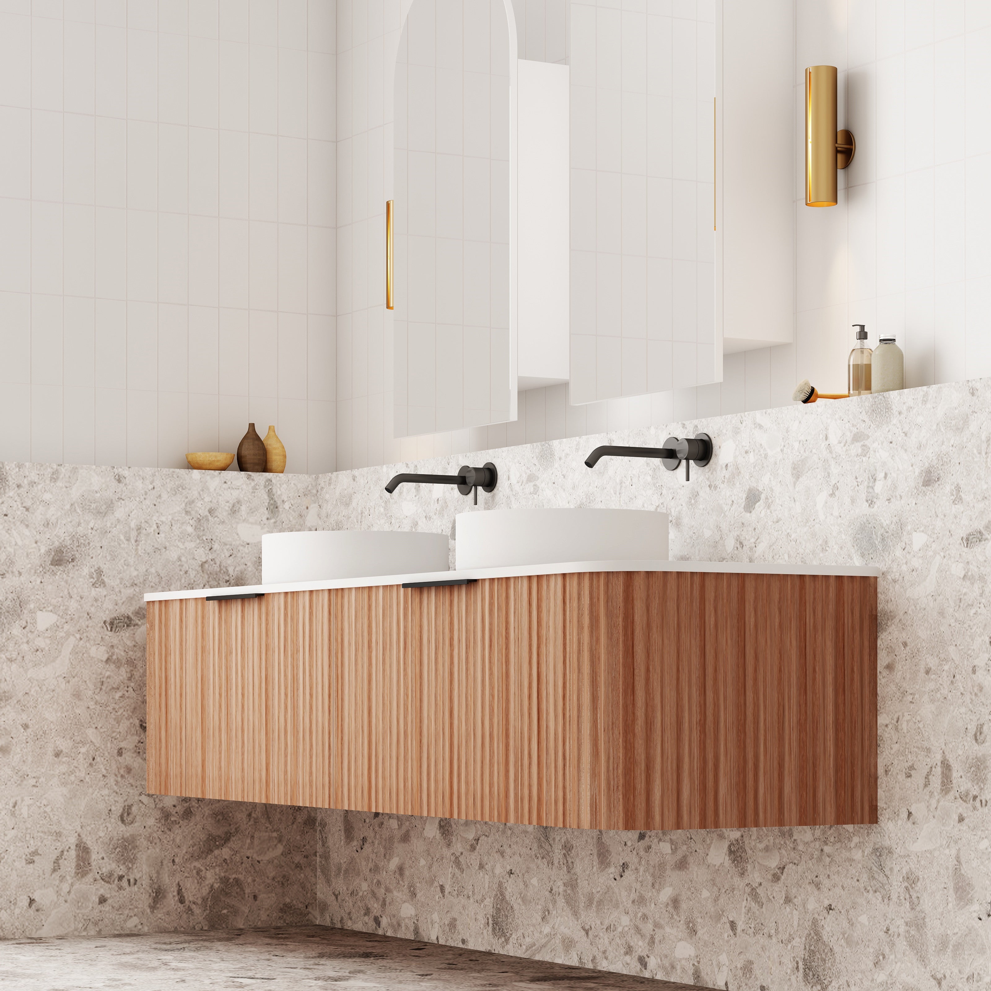 V-Groove Walnut Oak Curved Wall Hung Vanity