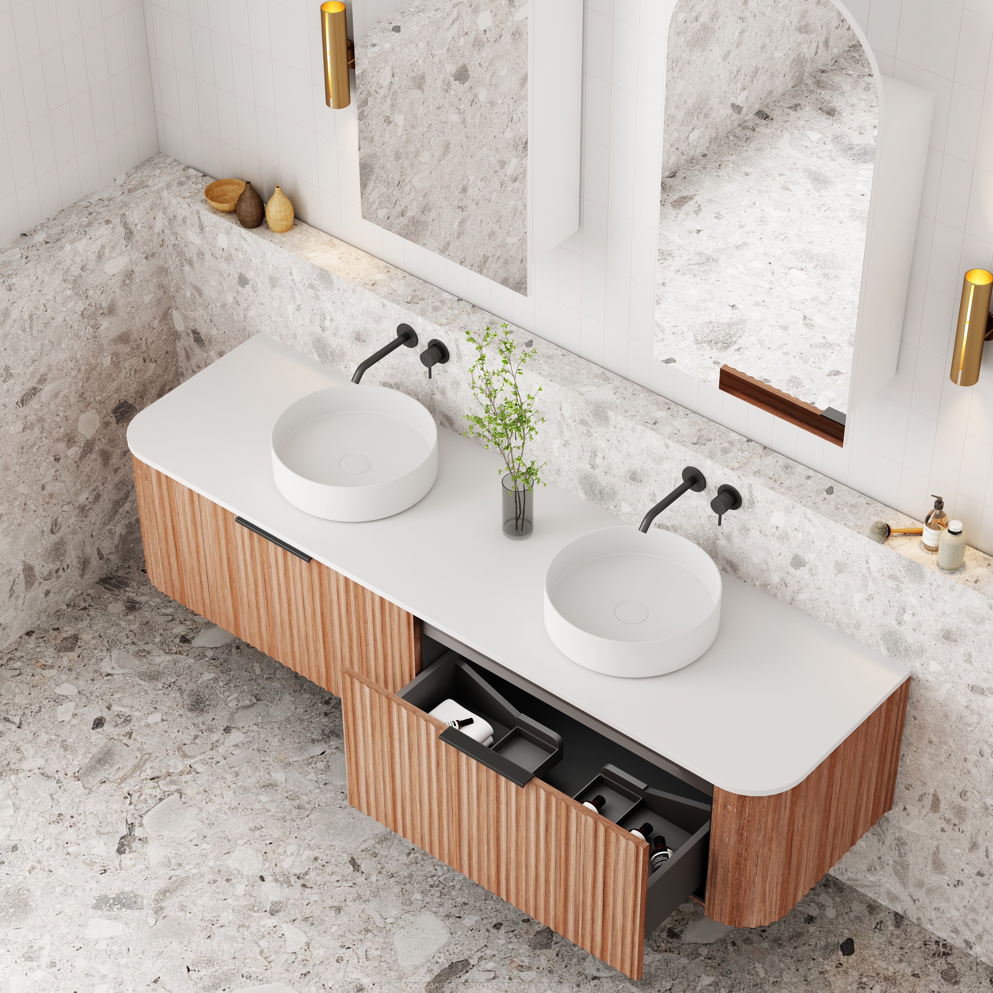 V-Groove Walnut Oak Curved Wall Hung Vanity