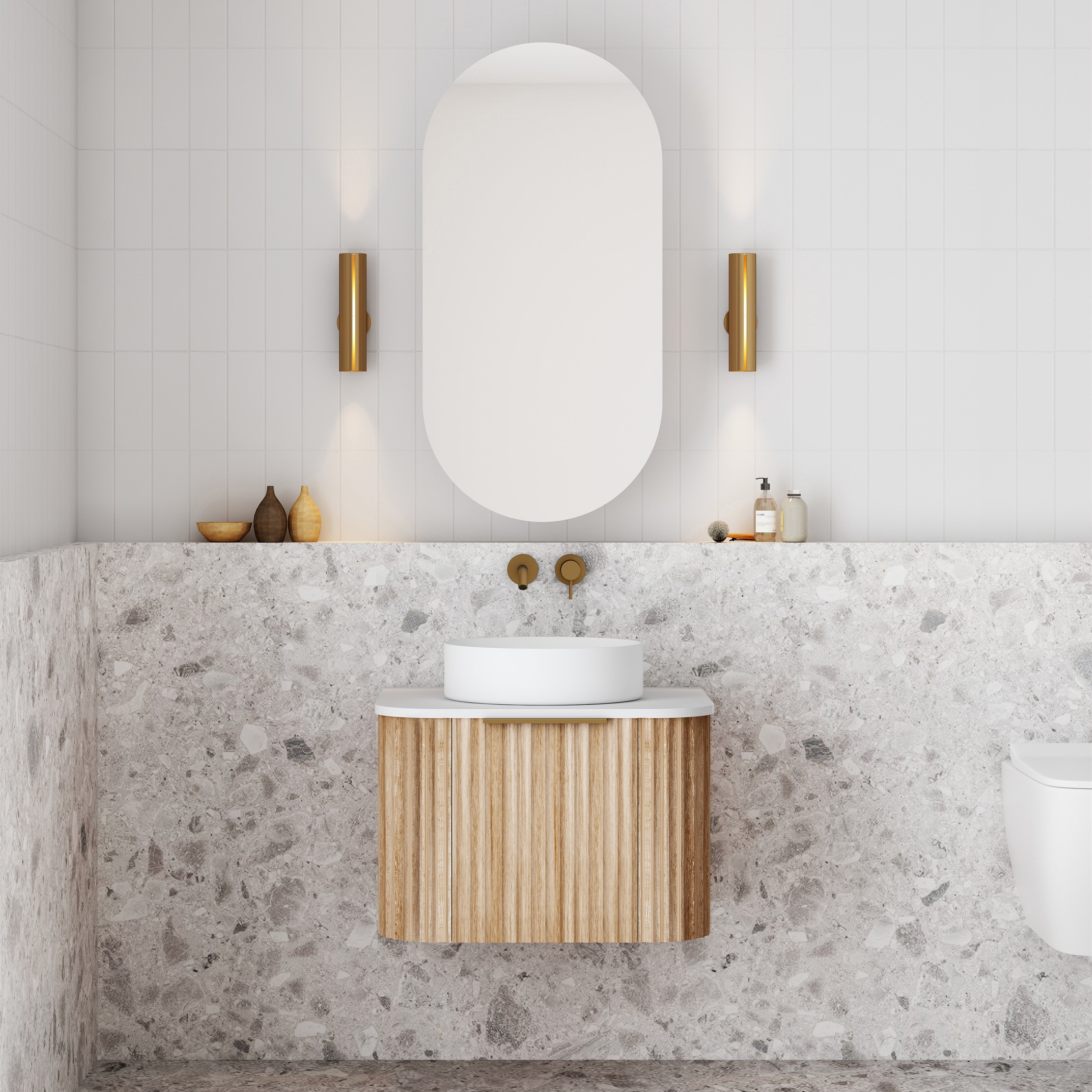 V-Groove Natural Oak Curved Wall Hung Vanity