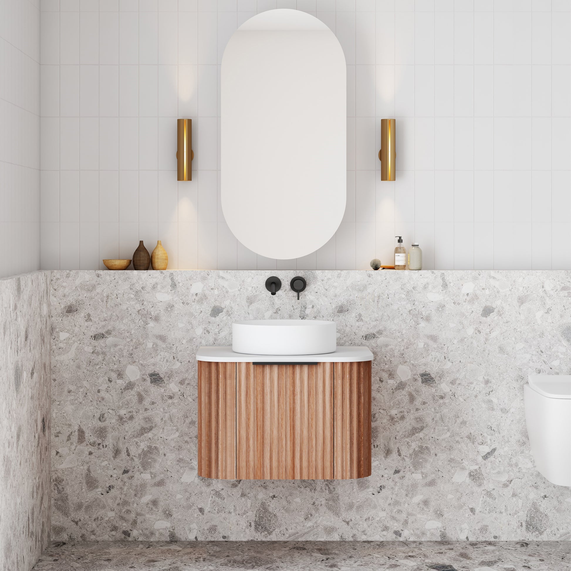 V-Groove Walnut Oak Curved Wall Hung Vanity – Designer Bathware