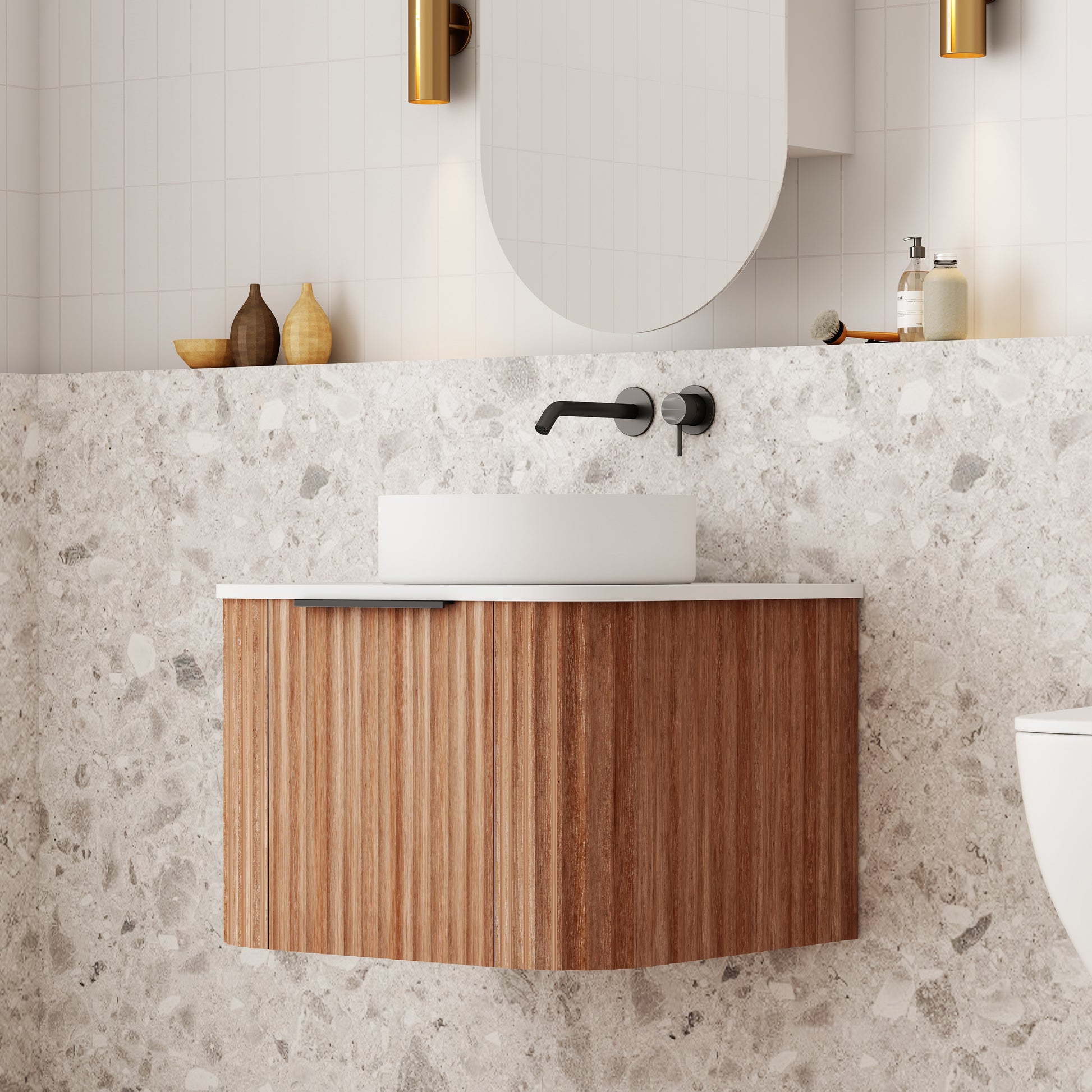 V-Groove Walnut Oak Curved Wall Hung Vanity – Designer Bathware