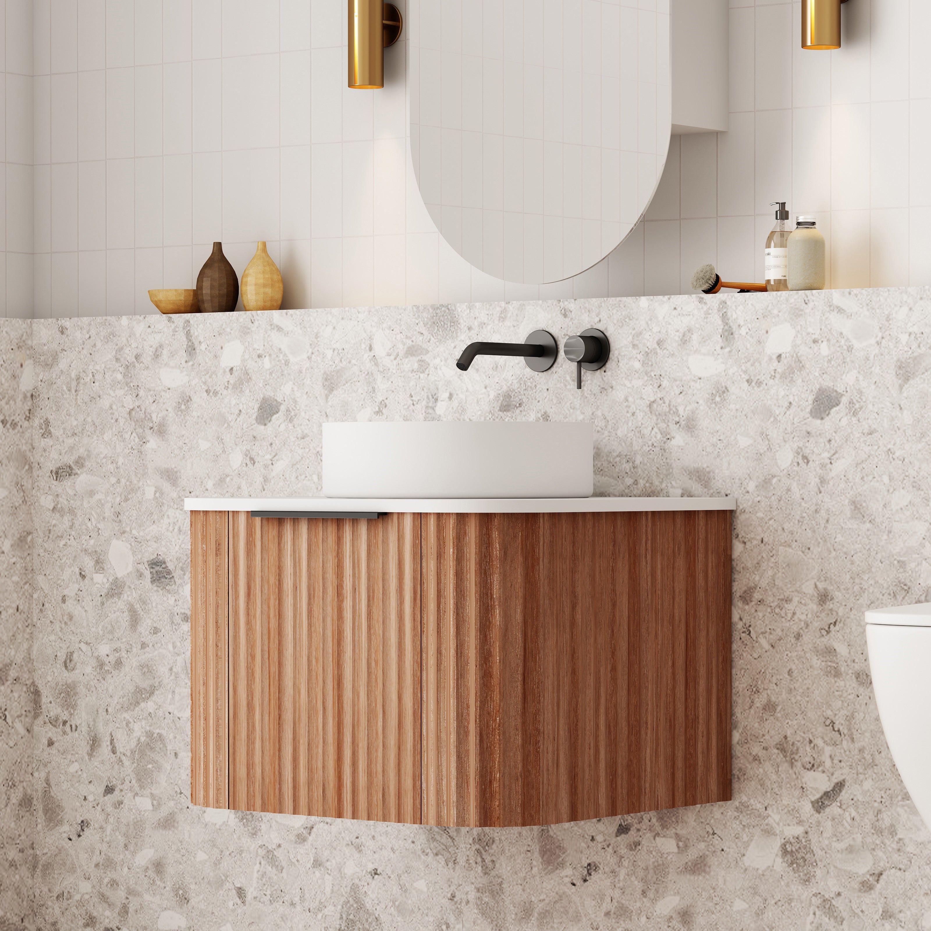 V-Groove Walnut Oak Curved Wall Hung Vanity