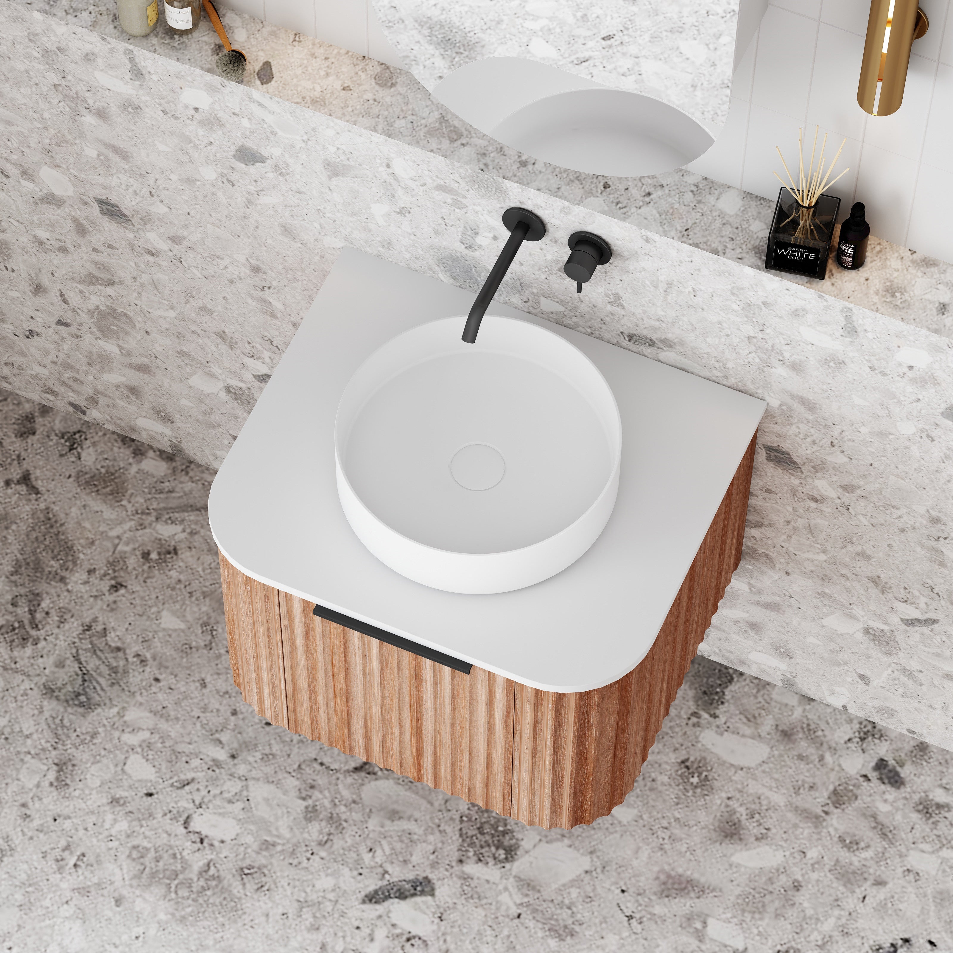 V-Groove Walnut Oak Curved Wall Hung Vanity