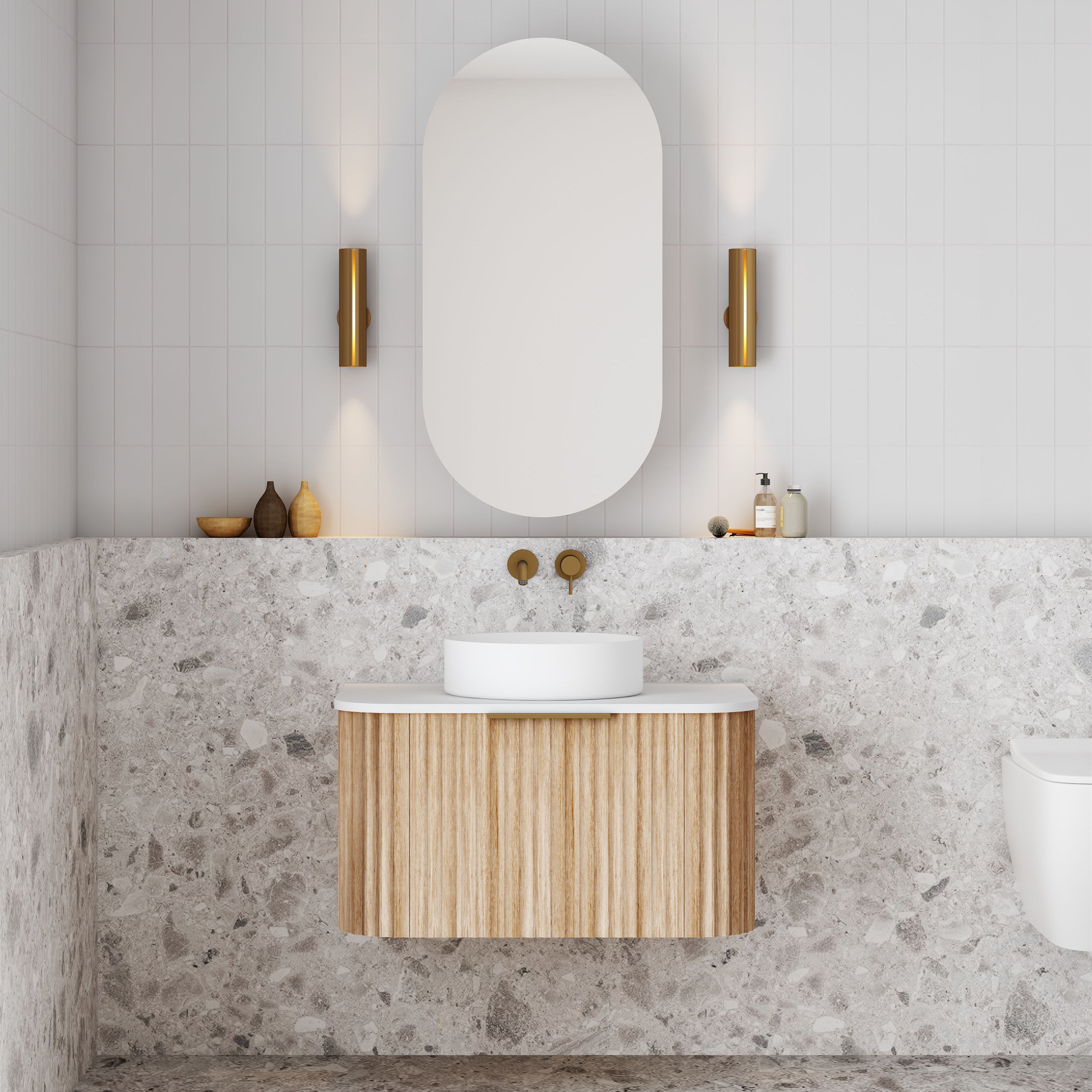 V-Groove Natural Oak Curved Wall Hung Vanity