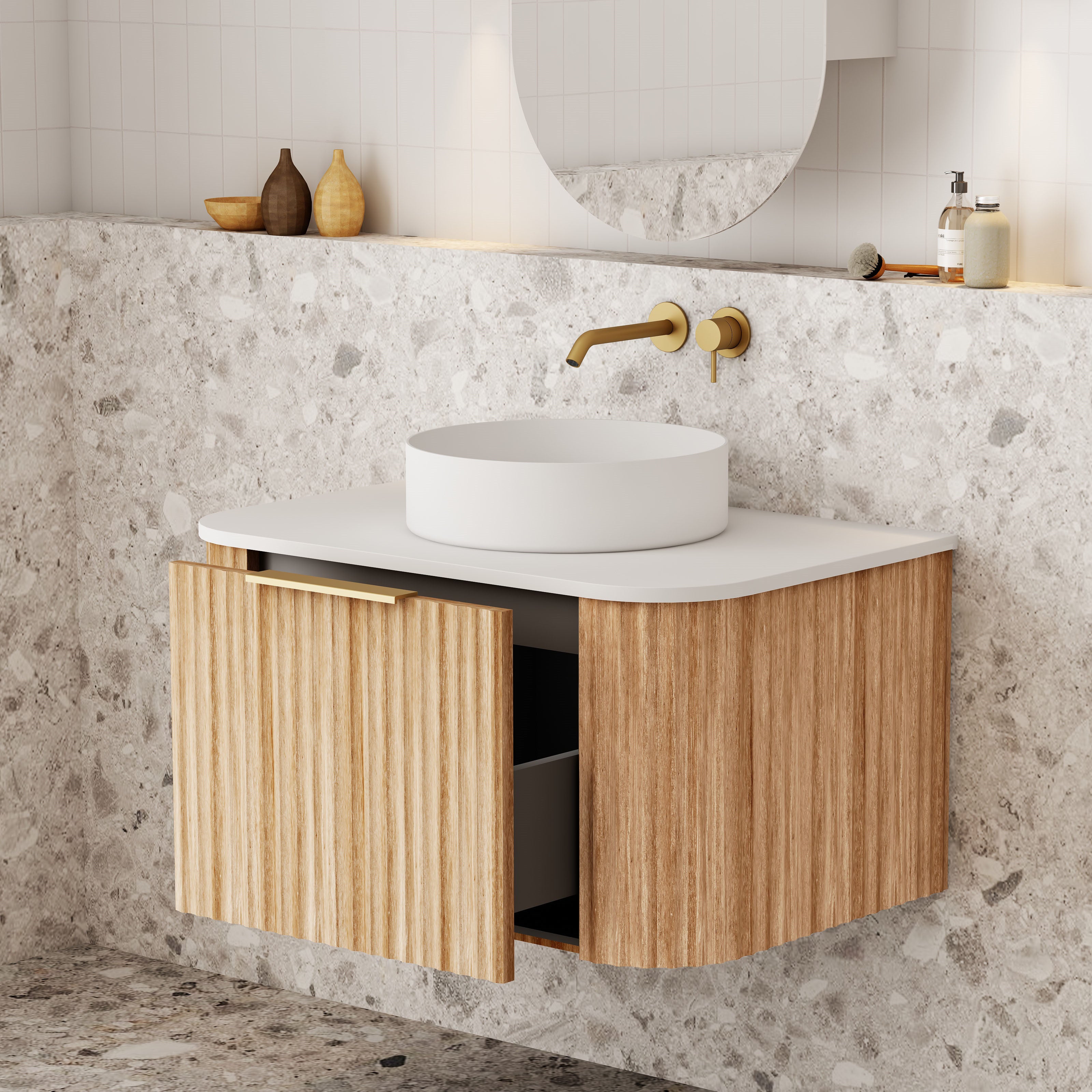 V-Groove Natural Oak Curved Wall Hung Vanity