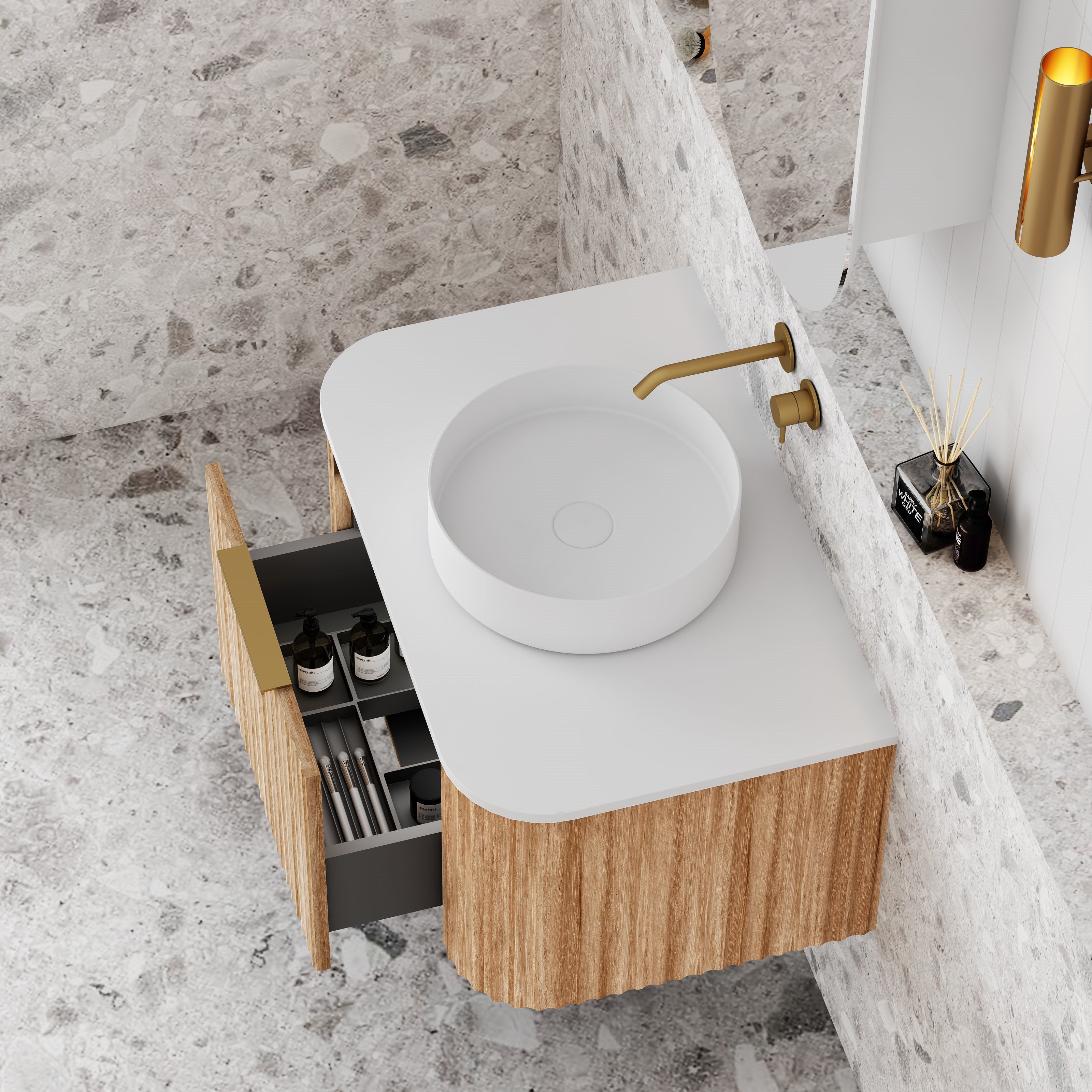 V-Groove Natural Oak Curved Wall Hung Vanity