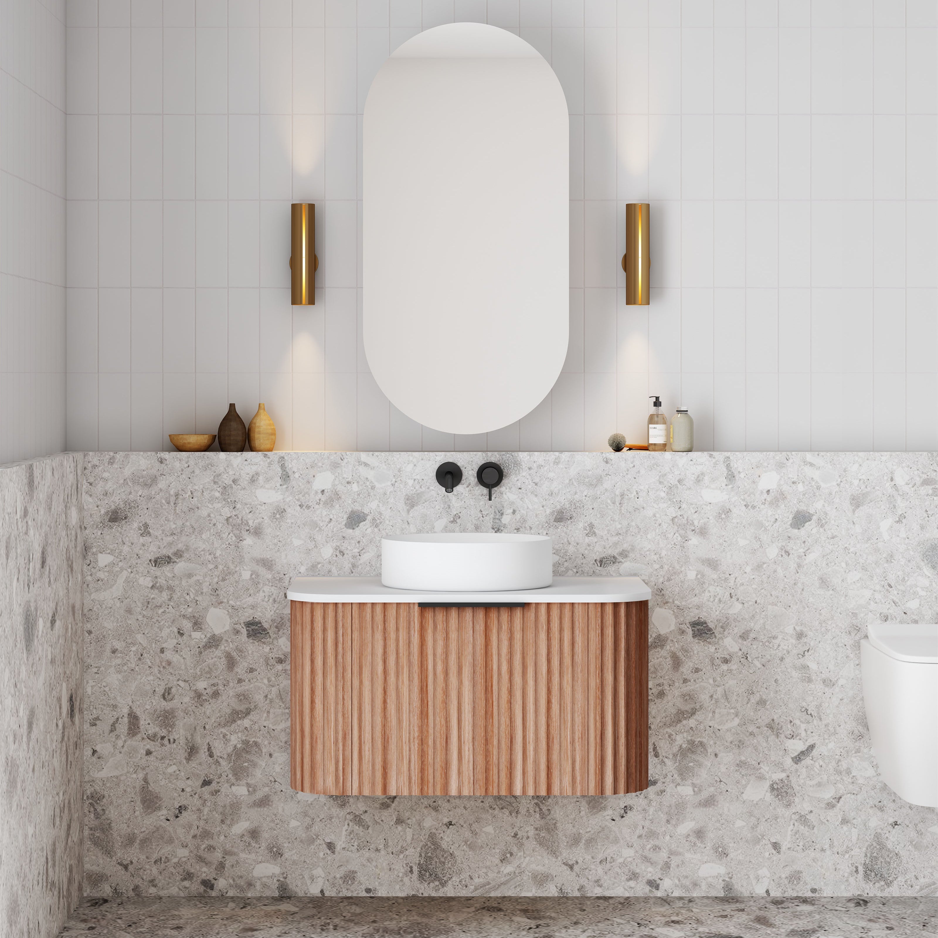 V-Groove Walnut Oak Curved Wall Hung Vanity