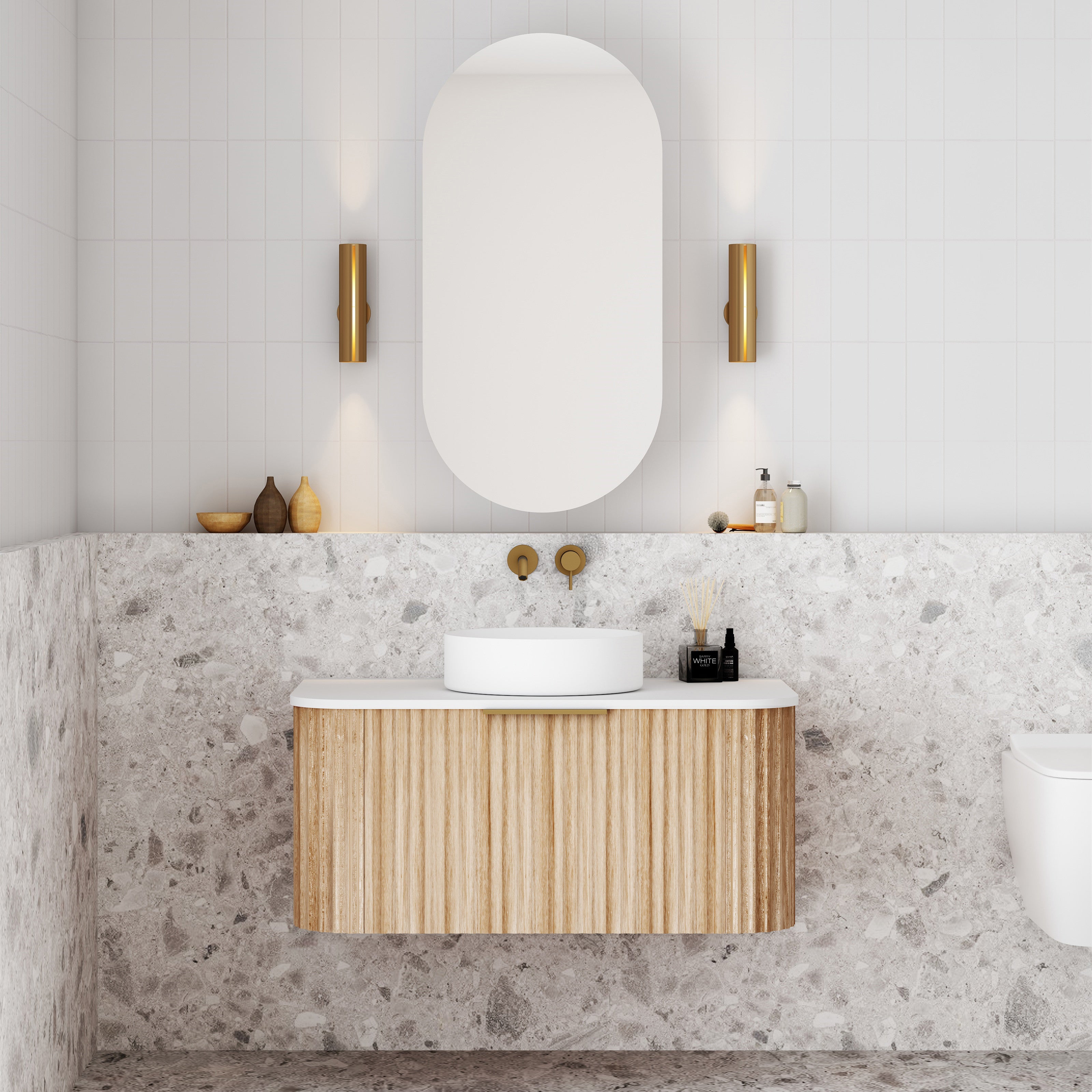 V-Groove Natural Oak Curved Wall Hung Vanity