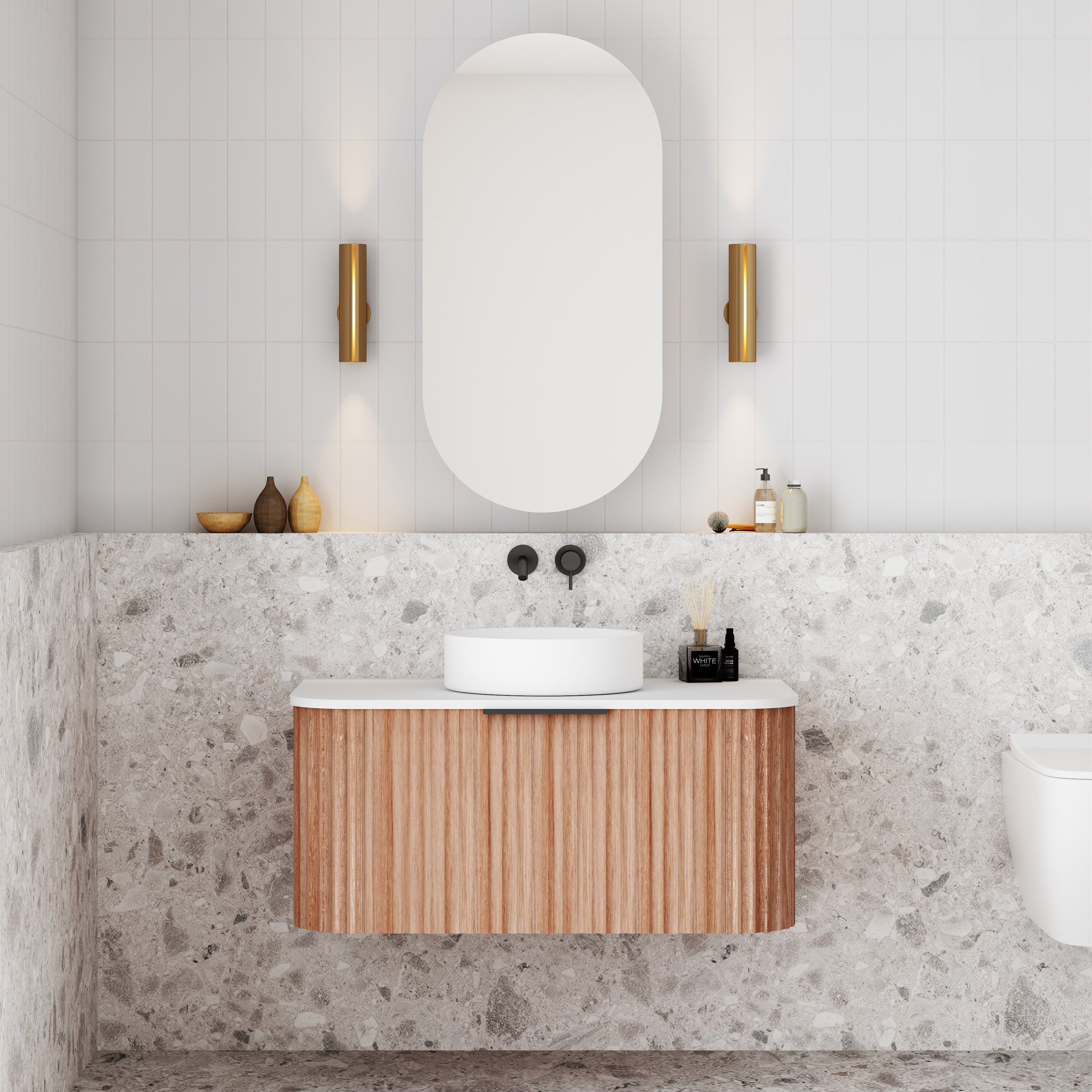 V-Groove Walnut Oak Curved Wall Hung Vanity