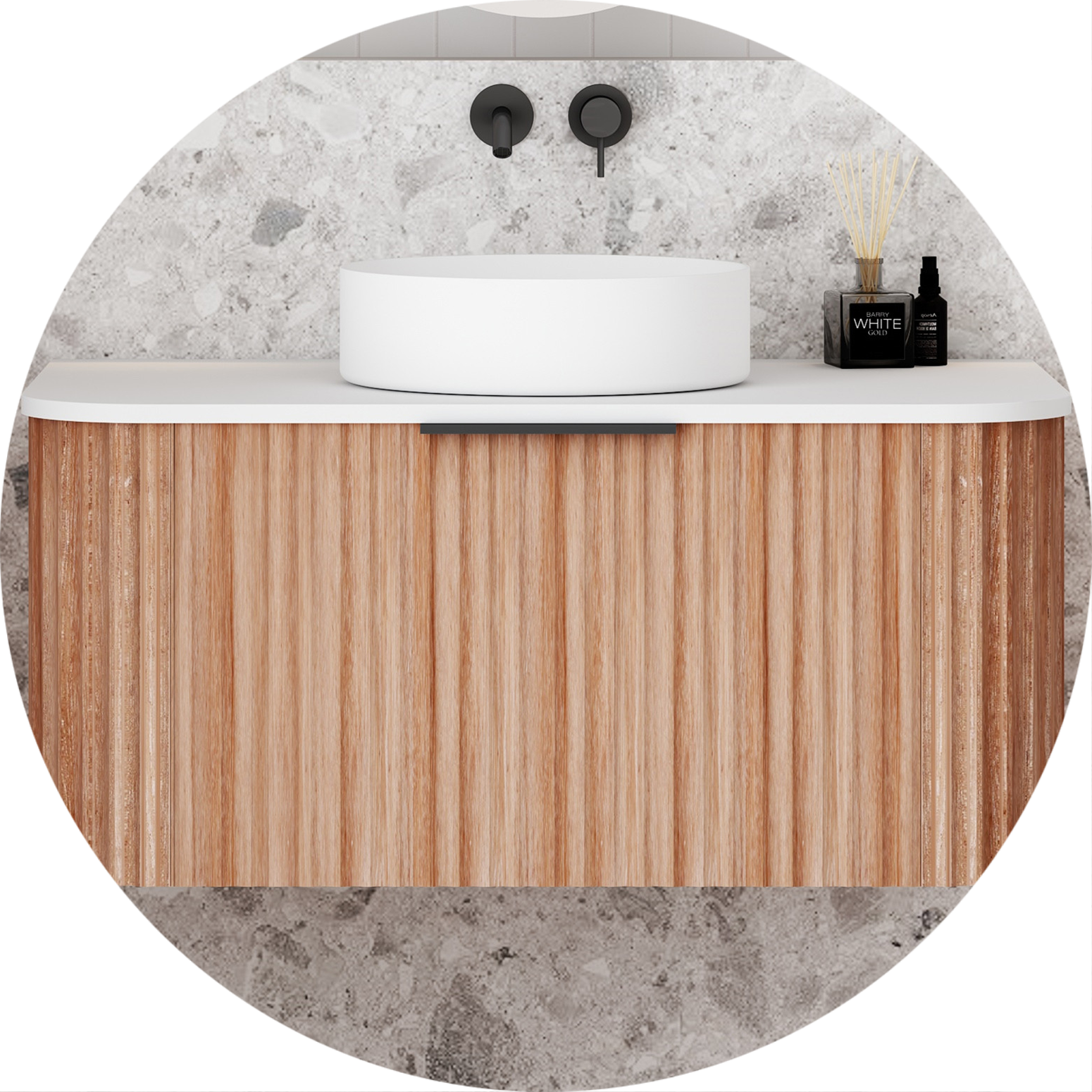 V-Groove Walnut Oak Curved Wall Hung Vanity