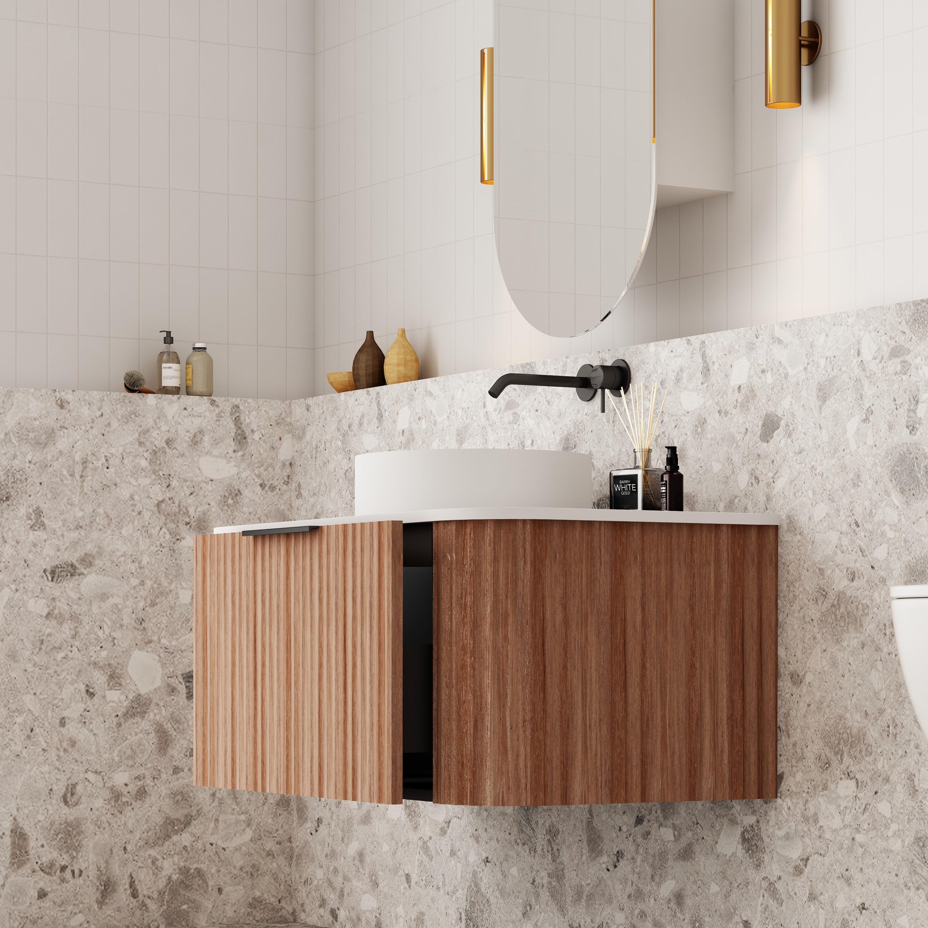 V-Groove Walnut Oak Curved Wall Hung Vanity