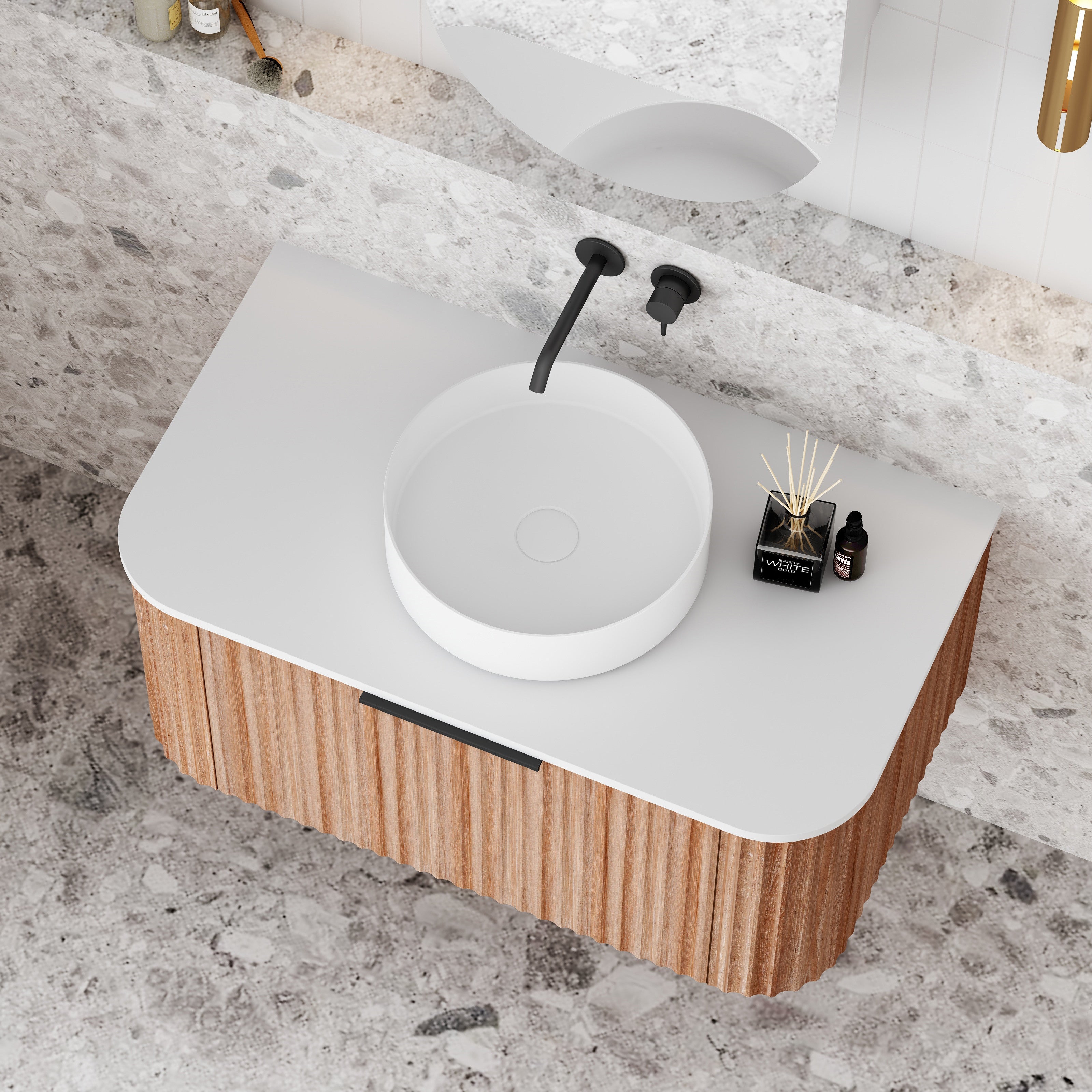 V-Groove Walnut Oak Curved Wall Hung Vanity