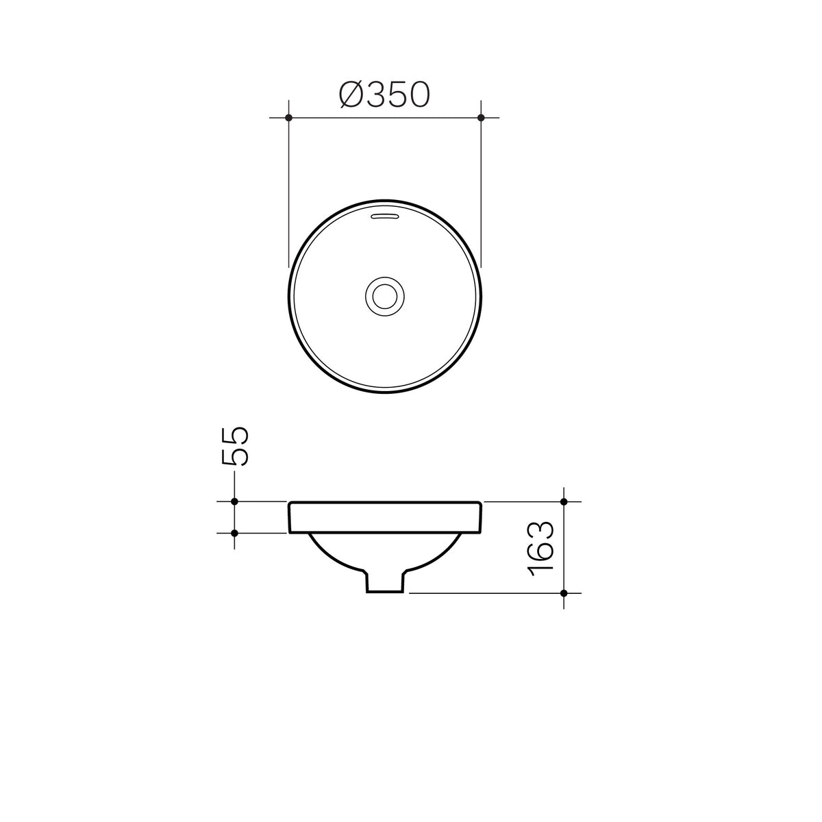 Round Inset Basin 350mm (No Tap Hole) specification drawing