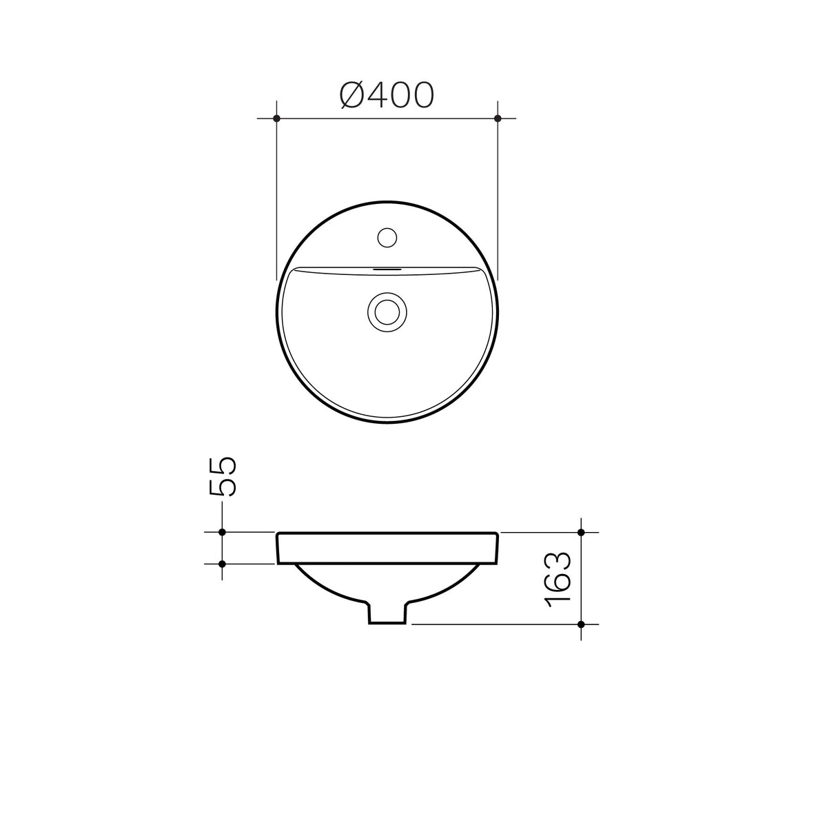 Round Inset Basin with Tap Landing 400mm (1 Tap Hole) specification drawing