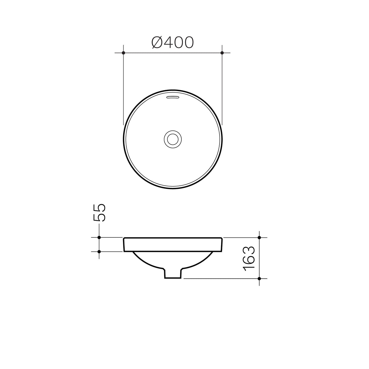 Round Inset Basin 400mm (No Tap Hole) specification drawing