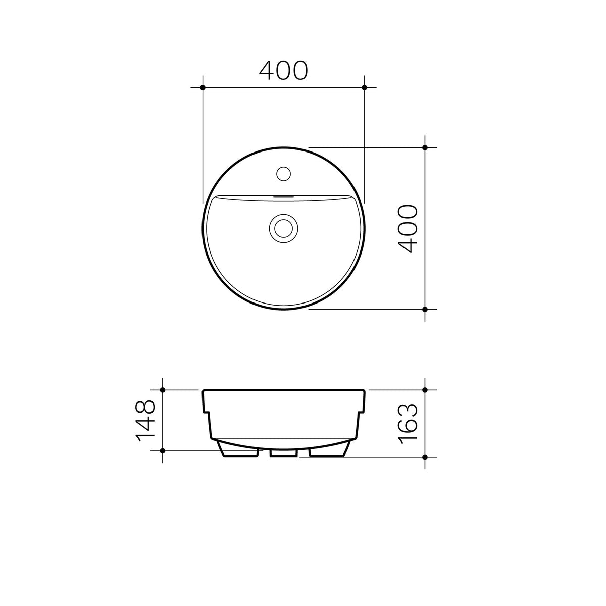 Round Semi Recessed Basin 400mm (1 Tap Hole) specification drawing