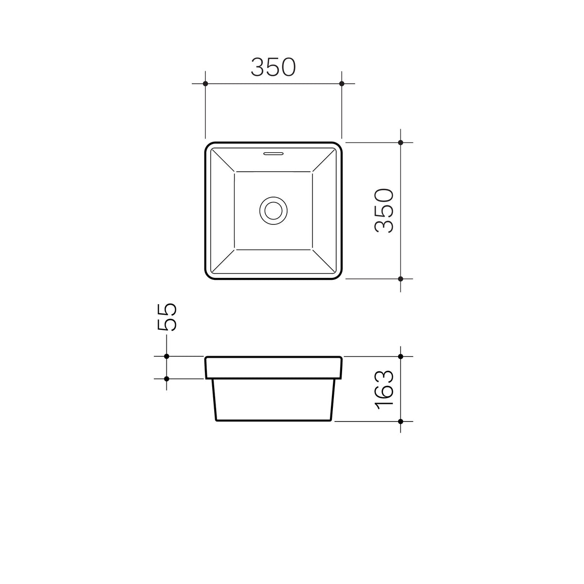 Square Inset Basin 350mm (No Tap Hole) specification drawing