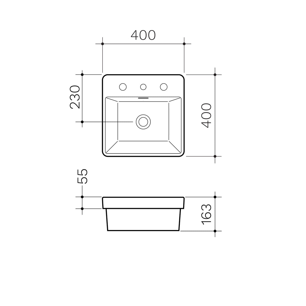 Square Inset Basin with Tap Landing 400mm (3 Tap Hole) specification drawing