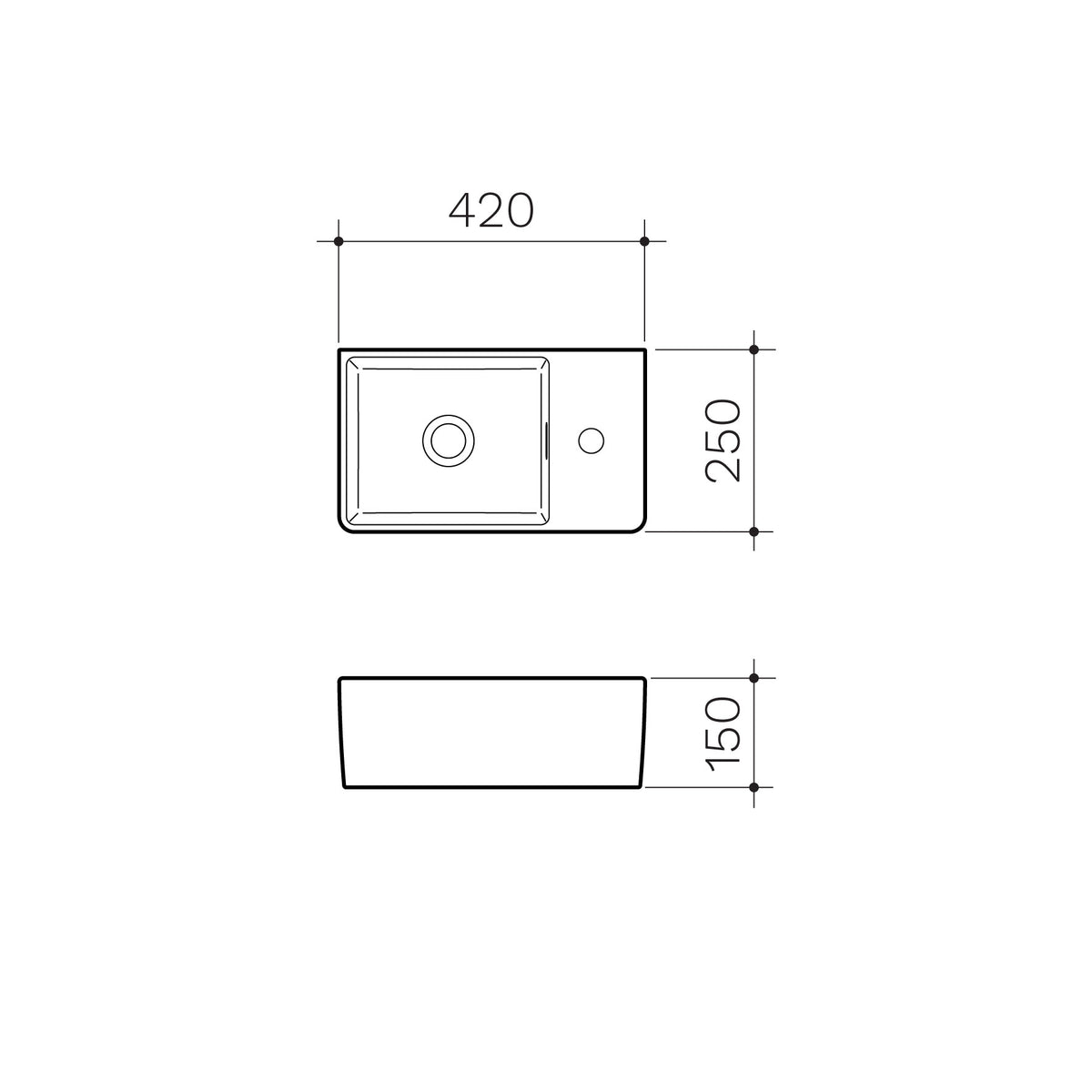 Square Hand Wall Basin (1 Tap Hole) specification drawing