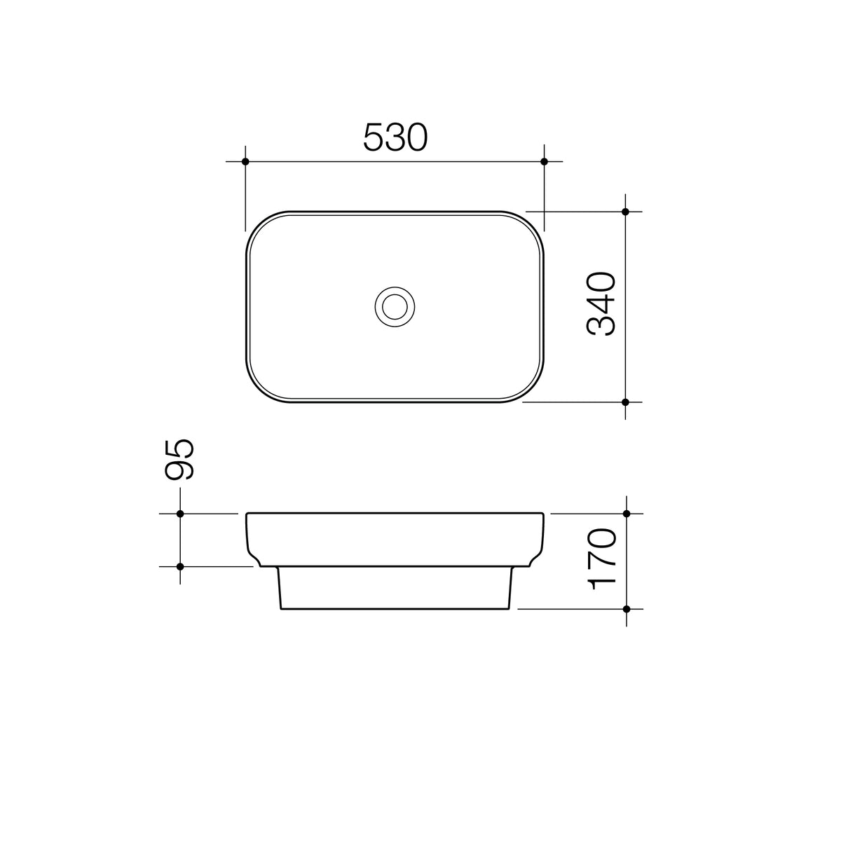 Tribute Rectangle 530 Inset Basin NTH specification drawing