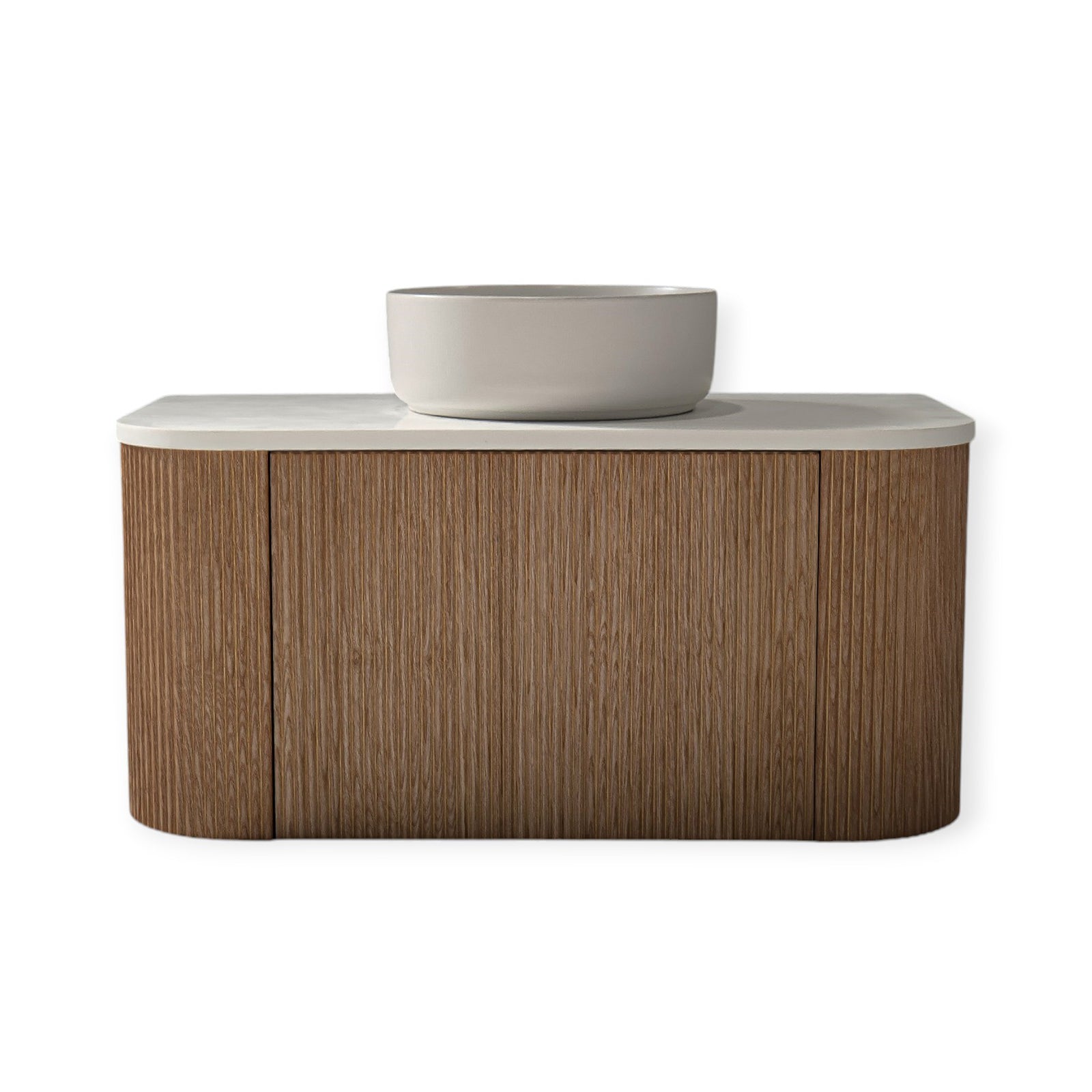 A Portofino Oak Flute Vanity Unit with a white solid surface benchtop