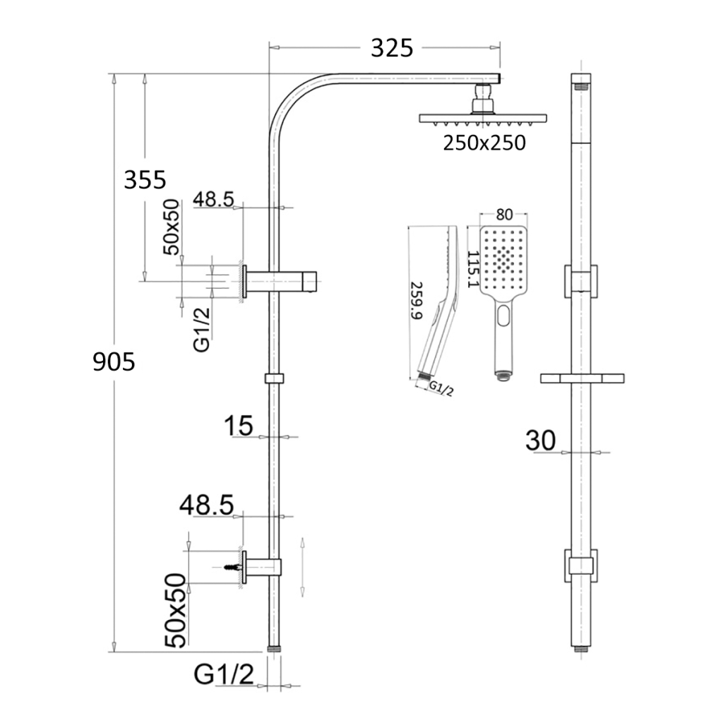Bella Vista Cresta Dual Shower Rail - Gunmetal - Specifications