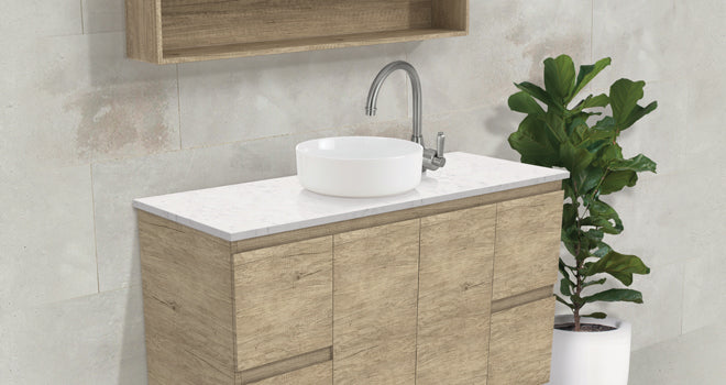 Fienza Edge Scandi Oak vanity cabinets lifestyle