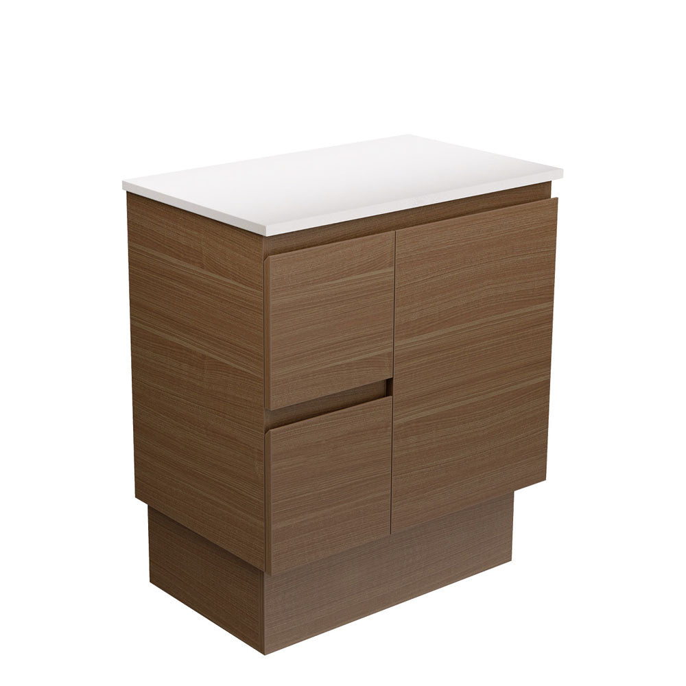Fienza Edge Walnut 750mm cabinet on kickboard left hand drawers