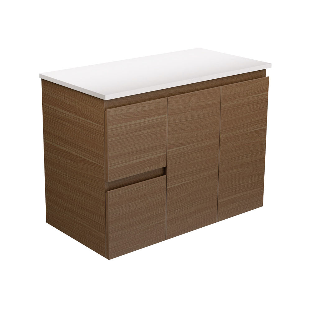 Fienza Edge Walnut Wall Hung Vanity Cabinet 900mm left hand drawers