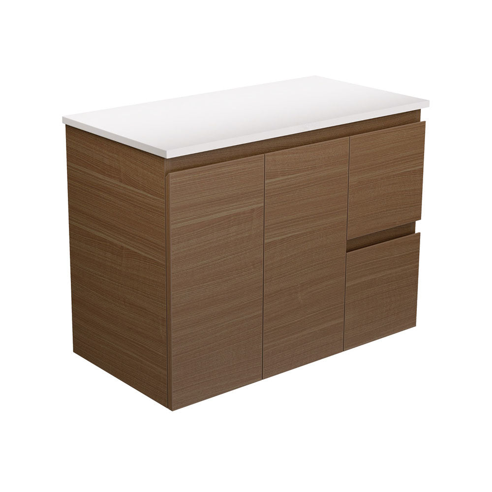 Fienza Edge Walnut Wall Hung Vanity Cabinet 900mm right hand drawers