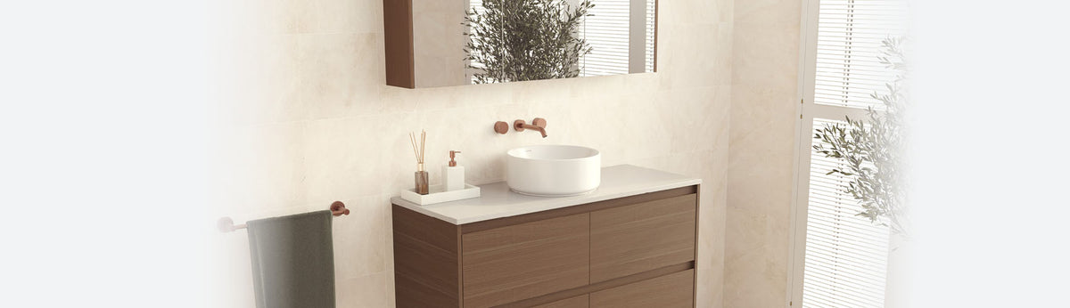 Fienza Edge Walnut vanity cabinets lifestyle