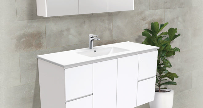 Fienza Fingerpull Gloss White Vanity Cabinet on Kickboard lifestyle