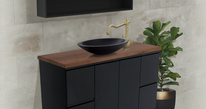 Fienza Fingerpull Satin Black Vanity Cabinet on Kickboard lifestyle