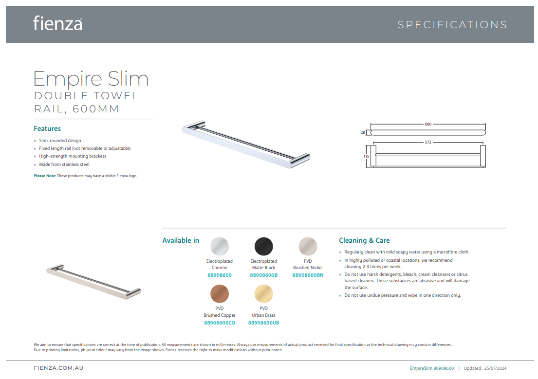 Fienza Empire Slim Double Towel Rail 600mm Chrome