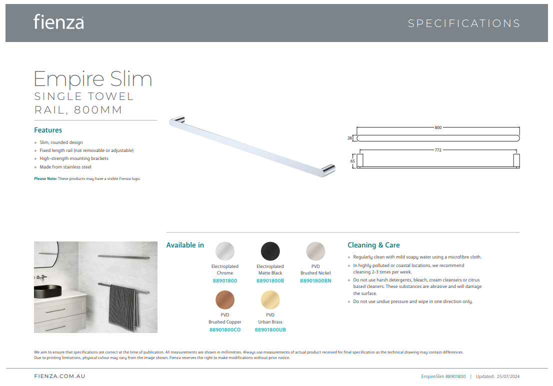 Fienza Empire Slim Single Towel Rail 800mm Matte Black